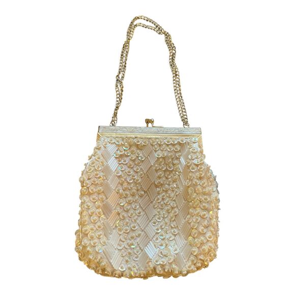 Vintage ivory sequined beaded evening bag gold kisslock chain strap glam retro - Picture 1 of 13
